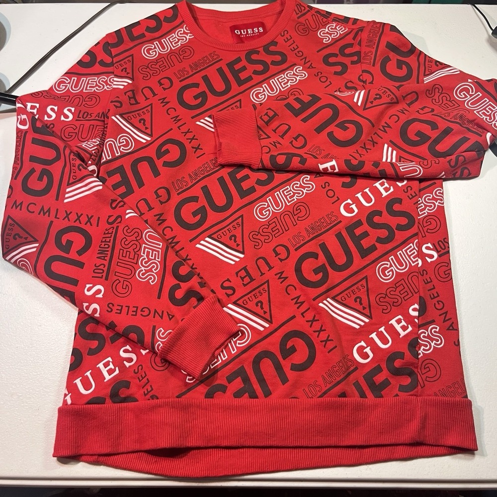 GUESS Los Angeles All Over Print Logo Red Crew Neck Sweatshirt Large